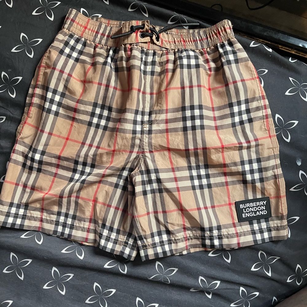Burberry Kids Tan Plaid Swim Trunks with Red and Black Accents - Picture 4 of 5
